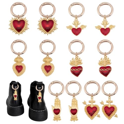 Image of HOBBIESAY 12Pcs 6 Styles Gothic Sacred Heart Boot Shoe Charms 55-63mm Heart Boot Charms Gold and Red Love Shoe Decoration Alloy Heart Shoe Charms with Spring Ring for Boots Decoration