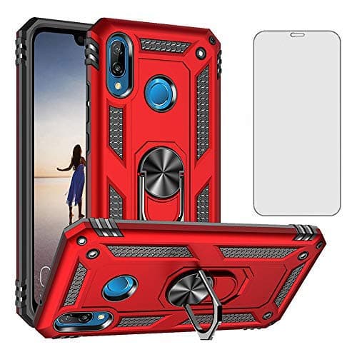 Image of Phone Case for Huawei P20 Lite with Tempered Glass Screen Protector Cover Stand Ring Rugged Silicone Holder Hard Shockproof Heavy Duty Accessories huewai P20lite P 20 Hawaii Hwauei Nova 3E Red