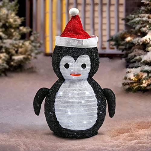 Image of Taylor & Brown 2.5FT Pop Up Christmas Penguin Decorations Light Up 40 LED Cool White Lights Indoor/Outdoor Xmas Decoration, 2 Pegs Included for Ground Use