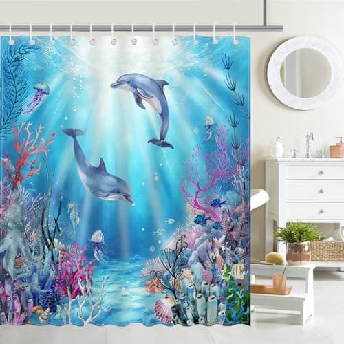 Image of Avezano Blue Ocean Dolphin Shower Curtain - 72x72 Inch, Waterproof Fabric, 12 Hooks