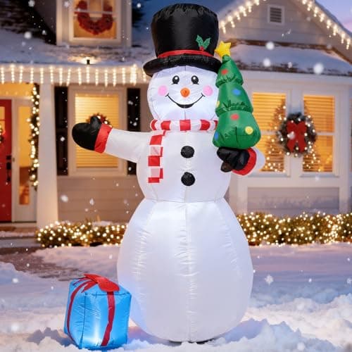 Image of 5FT Christmas Inflatable Snowman Decorations with Christmas Tree & Gift Bag, Built-in LED Lights, Outdoor Yard Lawn Holiday Decor for Xmas Party, Garden Festive Decoration