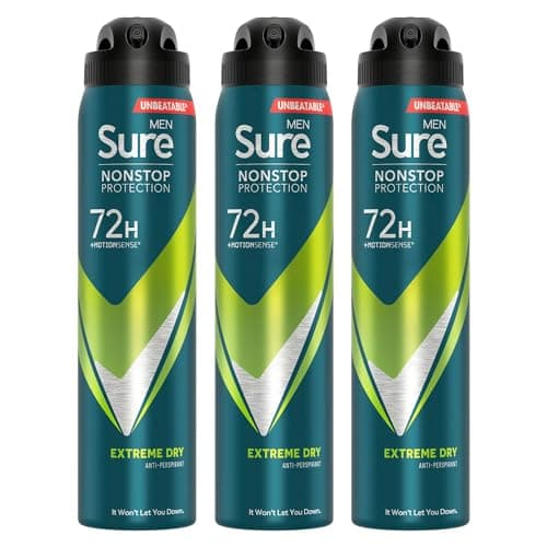 Image of Sure Antiperspirant 72H Nonstop Sweat and Odour Protection Alcohol-Free Body Spray Anti-White Marks with Fresh and Sporty Scent Multi Fragrance Deodorant for Men, 250ml (Extreme Dry, Buy 3)