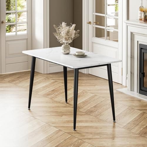 Image of joolihome living White Dining Table, 120CM Marble Effect Kitchen Tables with Black Metal Legs, Space Saving Dining Room Table, Easy to Assemble