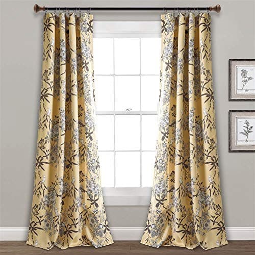Image of Lush Decor Botanical Garden Curtains Floral Bird Print Light Filtering Window Panel Drapes Set for Living, Dining, Bedroom (Pair), Yellow, 52" W x 84L