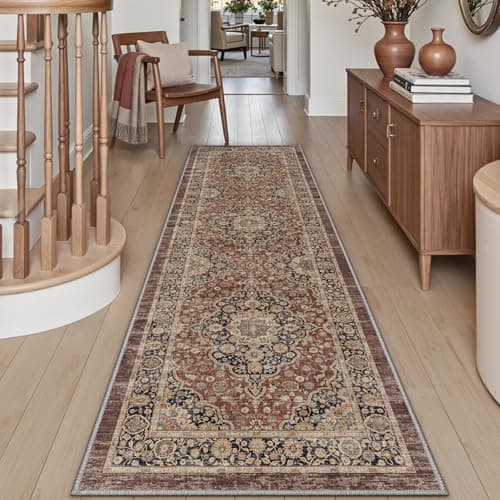 Image of DEXI Hallway Runner Rug 60 x 180 cm, Non-Slip Long Washable Entryway Floor Mats, Absorbent Thin Vintage Carpet Runners for Kitchen, Laundry, Bedside, Rusty Red