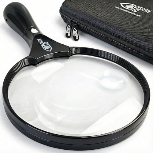 Image of 5.5" Large Magnifying Glass with LED Light (USB Rechargeable), Hard Case, Stand, Handheld Illuminated Big Magnifier Loupe for Jewelry, Coins, Reading, Seniors