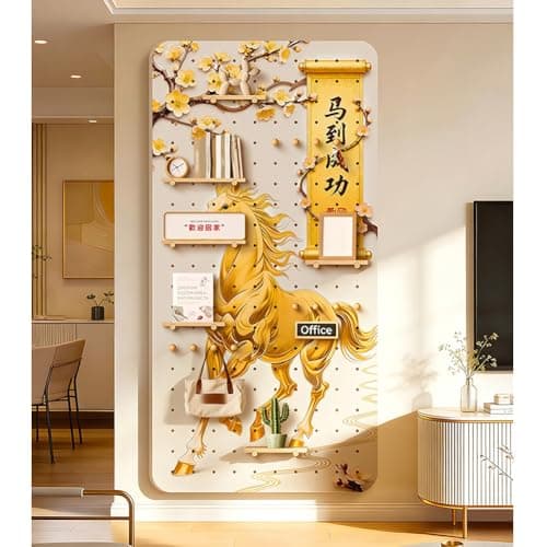 Image of Wood Pegboard Modular Display Wall Organizer Storage with Hooks and Shelf for Gaming Room or Garage
