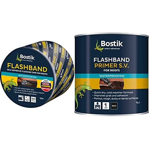 Image of Bostik Flashband Self Adhesive Flashing Tape for Roofs, Colour: Grey, 150mm x 10m & Flashband Primer S.V. for Roofs, Primer for Flashing Tape, Improves Grab and Adhesion, Colour: Black, Size: 1L