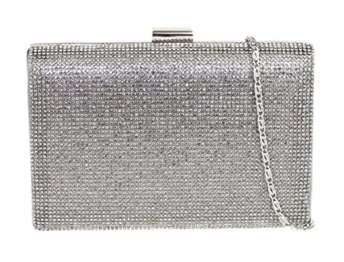 Image of Girly Handbags Womens Shimmer Satin Hard Case Clutch Bag Diamante Encrusted Handbag (Grey)