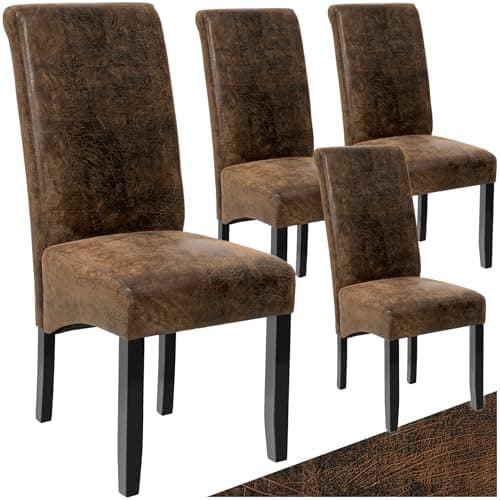 Image of tectake® Set of 4 Dining Chairs with Faux Leather Covers & Solid Hardwood Legs, Dining Chair Set with Ergonomic Design, Padding & High Backrests, Ideal as Desk & Kitchen Chairs - Antique Brown