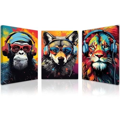 Image of Qiukoo Set of 3 Framed Canvas Wall Art – Waterproof Modern Artwork with Hooks, Vibrant Animal Prints for Living Room Wall, Bedroom Pictures for Wall Decoration – 12x16 Inch