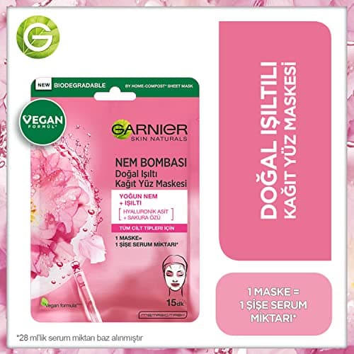 Image of Garnier Moisture Bomb Sakura and Hyaluronic Acid Sheet Mask, Hydrating and Glow Reviving Face Mask For Dull Skin, Biodegradable and Vegan Tissue, 28g