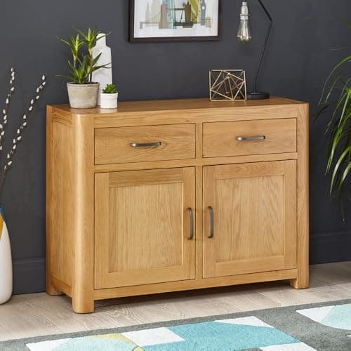 Image of The Furniture Market Soho Oak Small Sideboard – Compact Modern Oak Storage Cabinet with 2 Doors and 2 Drawers, Living room, Assembled, Sideboard - H 800mm x W 1070mm x D 400mm