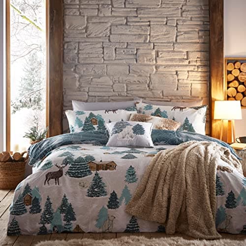 Image of furn. Arcticus Duvet Cover Set - Winter Bedding Set, Arctic Cabin & Animals Print, Soft & Breathable (Blue – Single)