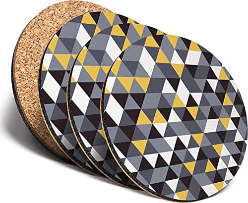 Image of Sawfish® Coasters (Set of 4) Round - Yellow Grey Black Triangle Pattern Drink Glossy Coasters/Tabletop Protection for Any Table Type