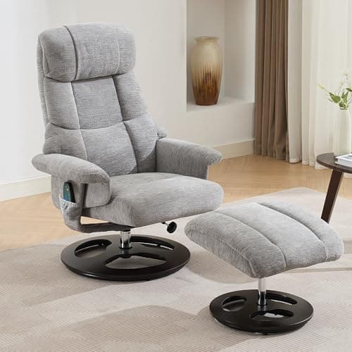 Image of DEKKETO Swivel Recliner Armchair With Footstool, High Back Reclining Chairs With Heat And Massage, Ergonomic Single Sofa Chair With Wooden Base for Living Room, Chenille, Grey