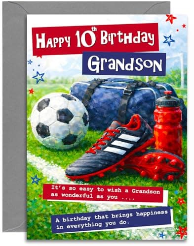Image of 10th Grandson Football Birthday Card - Age 10 Red and Blue Football design - A5 Size Card with Grey Envelope, Made in UK