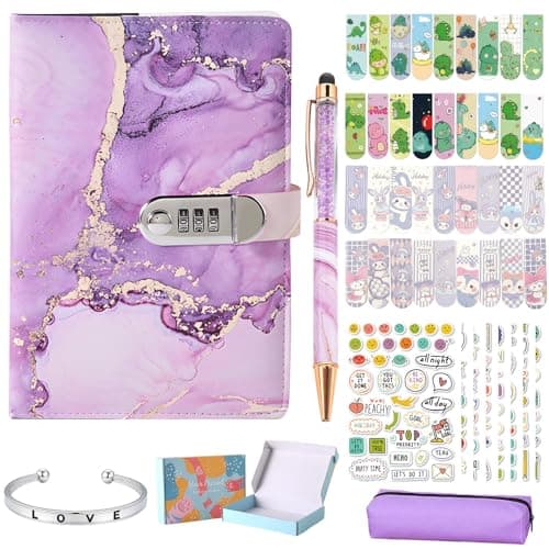 Image of Diary with Lock, A5 PU Leather Journal 240 Pages Password Locked Travel Notebook with Pen A5 Fashion Password Book Secret Diary Girls Boys Stationary Gift Sets Diary Creative Handbook Note Book-Purple