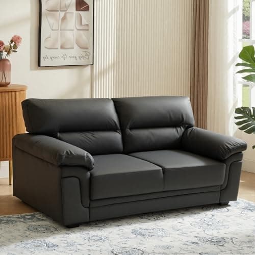 Image of Panana Modern Luxury Faux Leather Comfortable Sofa Couch Settee, Pillow Top Arm Sofa Bed Couch, 2 Seater or 3 Seater for Choice (Black, 3 Seater)