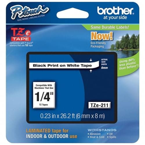 Image of Brother Genuine P-touch TZE-211 Label Tape 1, 1/4" (0.23") Standard Laminated P-touch Tape, Black on White, Laminated for Indoor or Outdoor Use, Water Resistant, 26.2 Feet (8M), Single-Pack