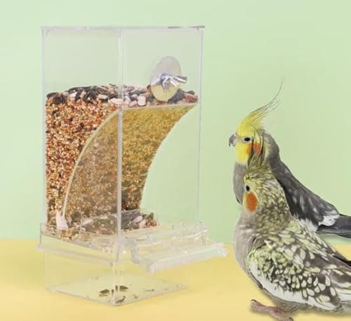 Image of Automatic Bird Feeder for Cage,No Mess Bird Feeder,Acrylic Parrot Seed Food Container with Perch Bird Cage Accessories for Parakeet Finch Lovebirds Budgies Canary (Transparent)