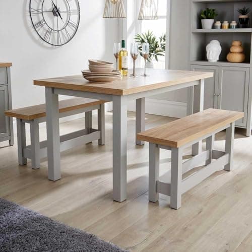 Image of Home Source Kitchen Dining Table Set, 2 Benches, Oak Effect, Grey