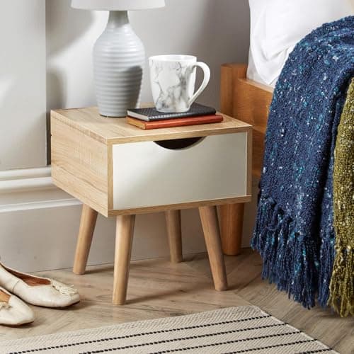 Image of Home Source Bedside Cabinet 1 Drawer Oak Effect White Lamp Side Table, Solid Wood Legs, Scandi Style