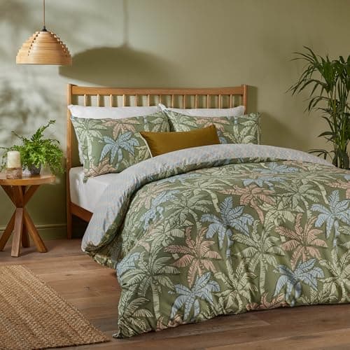 Image of furn. Duvet Day Kentia Duvet Cover Set – Reversible Tropical Printed Bedding with Palm Tree and Geometric Print (Palm Green - Double)