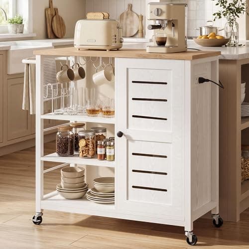 Image of IRONCK Kitchen Island on Wheels with Power Outlets, Rolling Kitchen Trolley with Storage Cabinet & Open Shelves, Wooden Utility Cart with Towel Rack & Hooks for Small Spaces, White & Oak