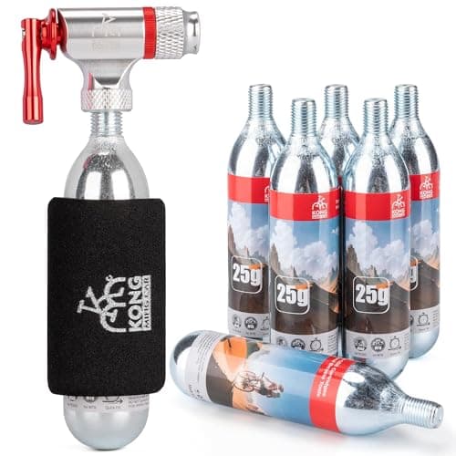 Image of KONG MING CAR CO2 Inflator Sets for Cycling with 6x16g/25g CO2 Thread Cartridges, Compatible with Presta and Schrader Valves, CO2 Pump for MTB and Road Bike (inflator+25gx6)