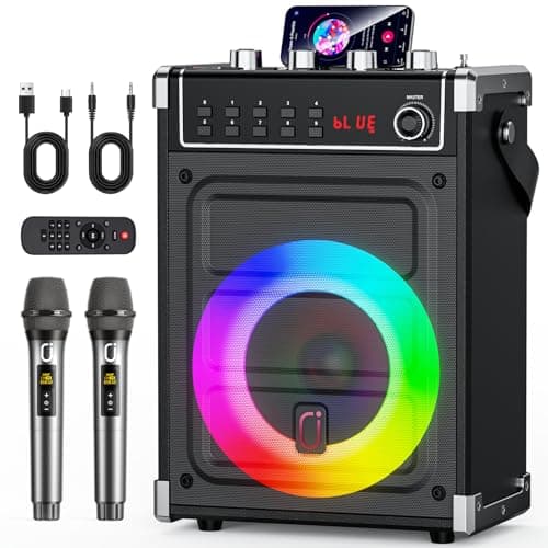 Image of JYX Karaoke Machine with 2 Wireless Microphones, Bluetooth Speaker with Bass/Treble/Echo Adjustment & LED Light, Support USB, SD Card, AUX, TWS, FM, REC, Supply for Party/Adults (Black)