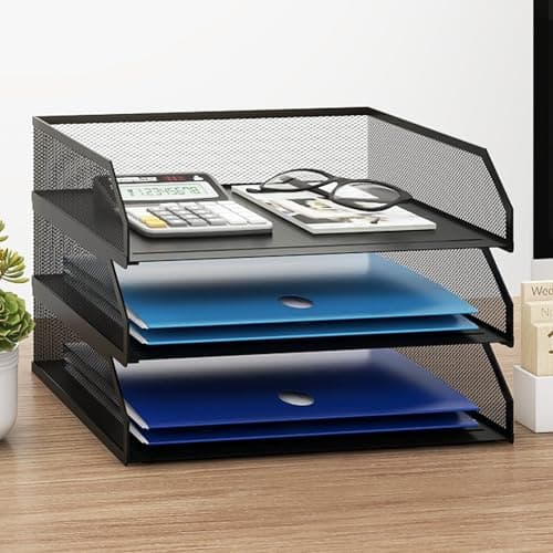 Image of PUNCIA 3 Tiers Widthways Office A4 Paper Storage Organizer Letter Tray Desktop White File Holder Mail Letter Rack & Stackable Support Desk Tidy Document Storage Rack for Home Office School Black