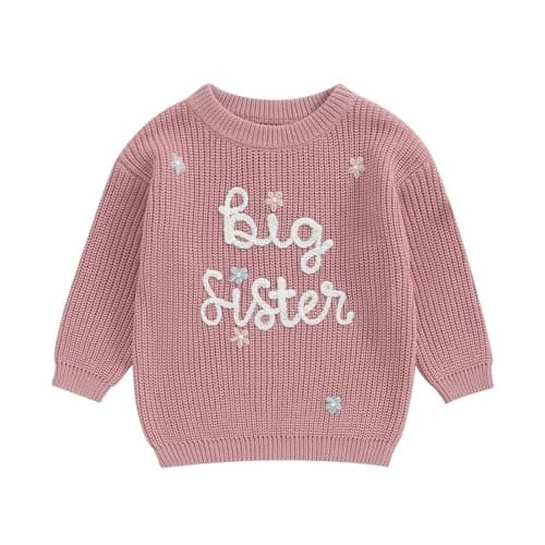 Image of L&ieserram Baby Kids Girl Knitted Jumper Sweater Newborn Long Sleeve Knitwear Toddler Casual Top Clothes Sister Matching Pullover Outfit Grows Autumn Winter (A Big Sister - Rosa, 2-3 Years)
