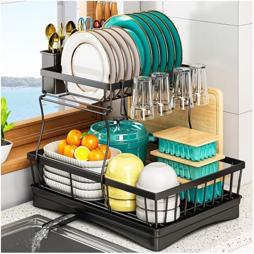 Image of StowBin 2 Tier Dish Drainer Rack - Dish Rack with Utensil Holder for Kitchen Counter, Large Capacity Space-Saving Dish Drying Rack with Draining Board, Black