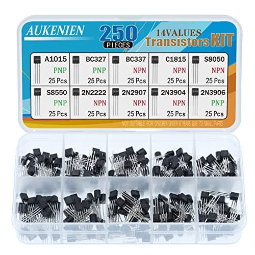 Image of AUKENIEN BJT Transistor Assortment Kit 10 Values 250pcs NPN PNP Power General Transistors 2N2222 2N2907 2N3904 2N3906 A1015 BC327 BC337 C1815 S8050 S8550 TO-92