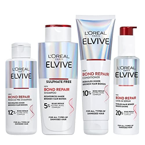 Image of L’Oreal Paris Elvive Bond Repair Hero Set for Damaged Hair, Pre-Shampoo Treatment 200ml, Shampoo 200ml, Conditioner 150ml, Leave-In Serum 150ml, Intensive Repair Treatment, Rebuild Broken Hair