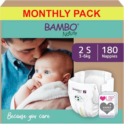 Image of Bambo Nature Premium Eco Nappies, Size 2 Nappies (7-13lb/3-6kg), Mini, 180PK Eco-Labelled Nappy, Enhanced Leakage Protection, Secure and Comfortable Baby Nappies
