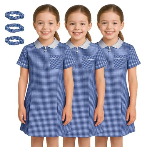 Image of SchoolStitch® Pack of 3 Girls Summer Gingham Dress, Short Sleeves Pleated School Uniform Girls Dress, Zip Up Collared Neck with Front Pocket and Hair Bobble, Breathable Girl Summer Dress UK 3-20 Navy