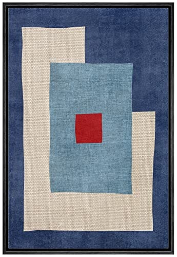 Image of IDEA4WALL Framed Canvas Print Wall Art Mid-Century Blue & Red Blocks Abstract Geometric Illustrations Modern Art Minimalism Shapes Multicolor Boho for Living Room, Bedroom, Office - 24"x36" Black