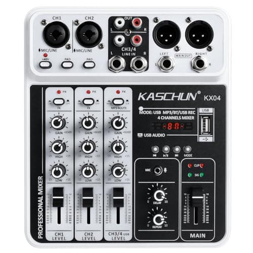 Image of Kaschun 4 Channel Audio Mixer, Professional Bluetooth Mixing Desk with USB Recording Interface, 48V Phantom Power, Sound Mixer for Karaoke, Podcast, Streaming, PC Recording & Home Studio