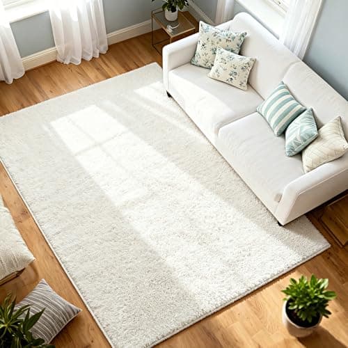 Image of jxgzyy Fluffy Shaggy Rug for Living Room Bedroom, 160x230cm Large Cream White Soft Rug, 2cm Non-Shedding Long Pile Carpet with Non-Slip Backing, Fuzzy Plush Area Rug for Kids Room Home Decor