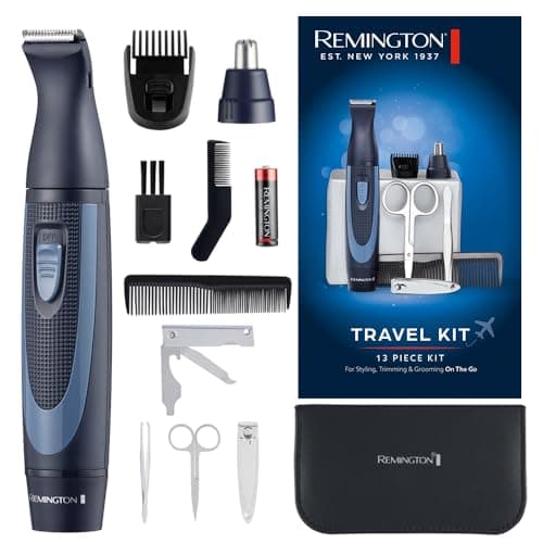 Image of Remington Hygiene Travel Kit with Case (13 Pieces for Hair, Manicure, Pedicure etc., Beard Trimmer, Ear Hair, Facial Hair & Eyebrow Trimmer, Nail Clipper, Scissors, Tweezers, 2 Combs etc.) NE3890