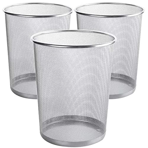 Image of livexa 3 Pack Metal Mesh Waste Paper Bin 12 Litres Lightweight Mesh Wastebasket Waste Bin Silver Metal Rubbish Bin for Bedroom, Office, Bathroom, Kitchen (3x Silver)