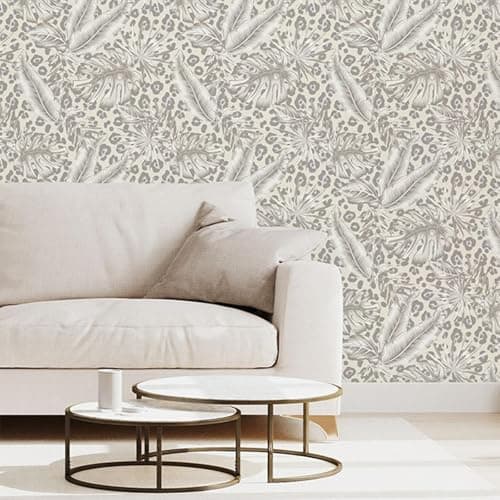 Image of SOPHIE LAURENCE Beige Grey Tropical Animal Print Wallpaper Metallic Silver Leopard Spots Feature Wall Hallway Bedroom Bathroom 10m x 0.53 m