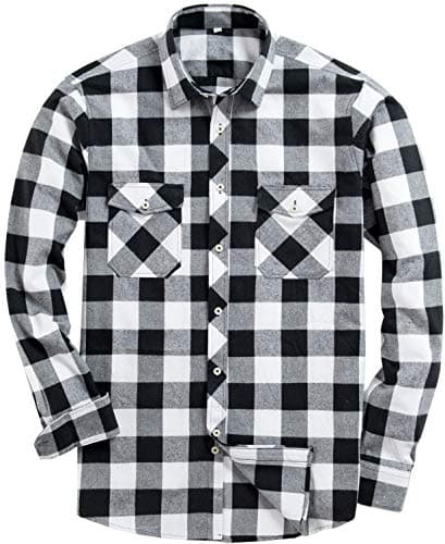 Image of siliteelon Mens Flannel Shirts Country Checked Men's Shirt White Check Shirt Regular fit Plaid Shirt Cotton Lumberjack