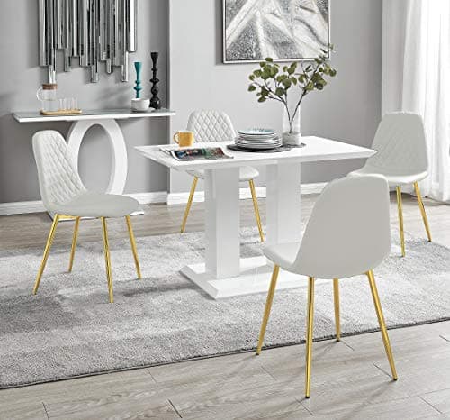 Image of Furniturebox UK Imperia Modern White High Gloss Dining Table And 4 Stylish Corona Gold Contemporary Chrome Leather Dining Chairs Set