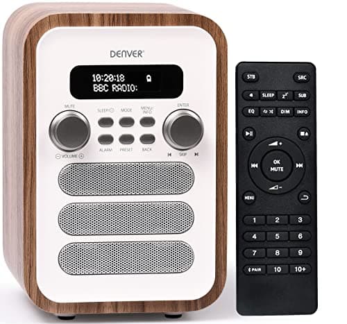Image of Denver DAB-48 Bluetooth DAB Radio With Remote Control - Digital Radio Mains Powered – Bluetooth Radio Speaker – Alarm Clock – White With Large Remote Control