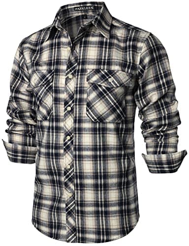 Image of PARKLEES Men's Casual Regular Fit Button Up Flannel Checked Plaid Shirts with Pockets PZLCL41 Khaki L
