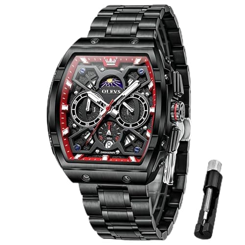 Image of OLEVS Watches for Men Analog Quartz Luxury Diamond Waterproof Chronograph Stainless Steel Big Face Square Date Moon Phase Roman Numeral Dress Watch for Men, 2942 black and black red, Square, Luxury