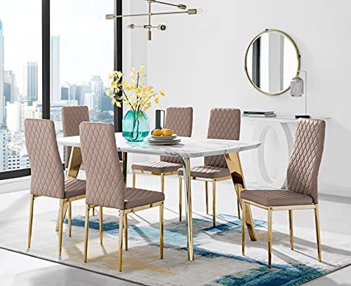 Image of Furniturebox UK Andria Gold Leg Marble Effect Dining Table and 6 Cappuccino Gold Leg Milan Chairs